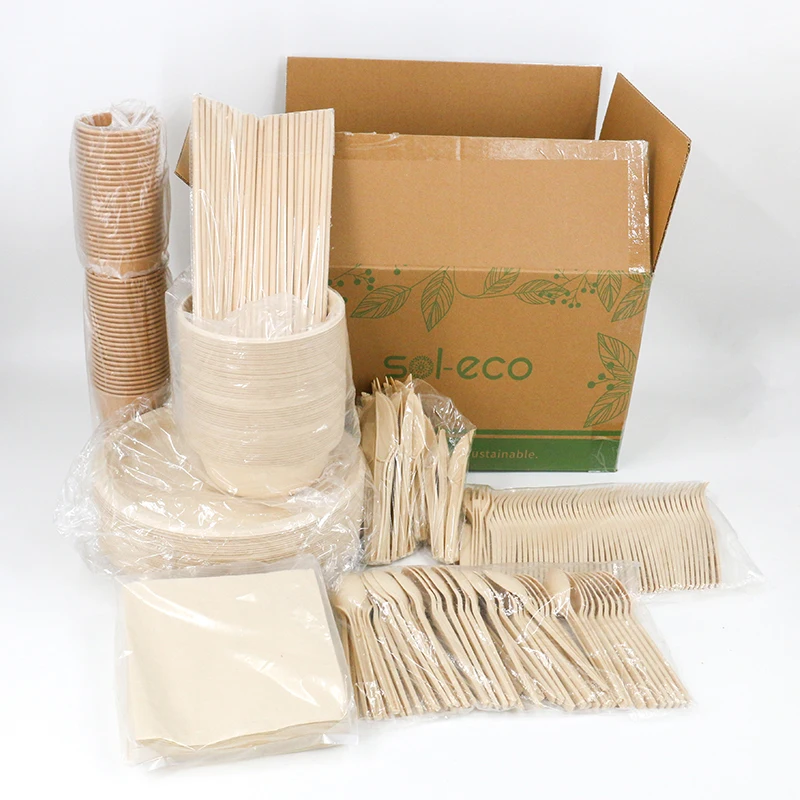 Disposable Biodegradable Compostable Sugarcane Bagasse Paper Plates And Bowls Cutlery Set Tableware For Wedding Party Picnics