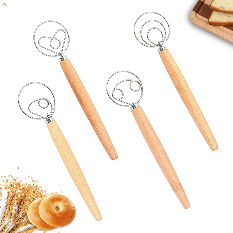 XL Baking Tools Cake and Pastry Wooden Handle  Stainless Steel Bread Danish Dough Whisk Blender Dutch Bread Mixer