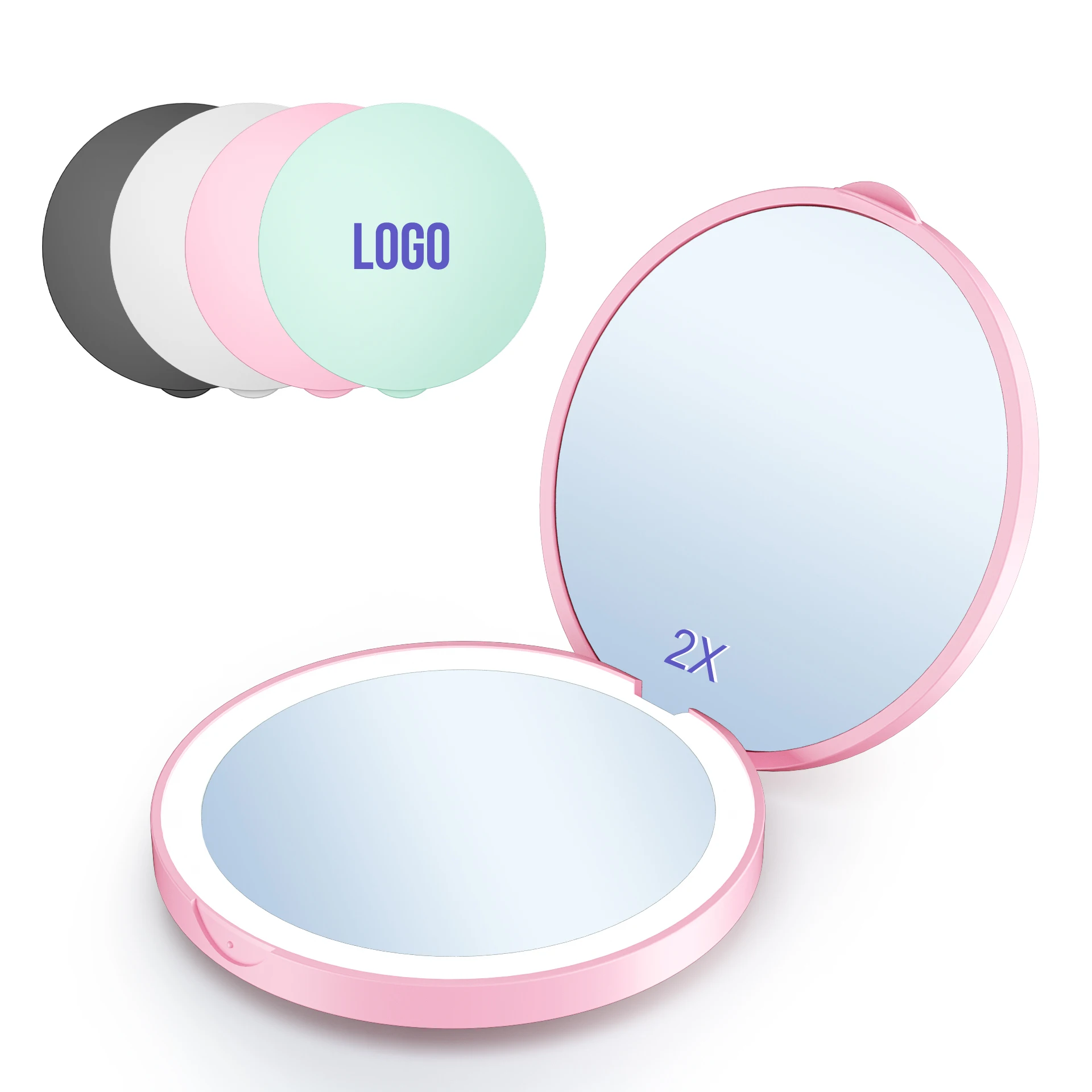 Custom 1X/2X Magnification Cute LED Light Pocket Purse Hand Held Portable Folding Small Mini Makeup Mirror