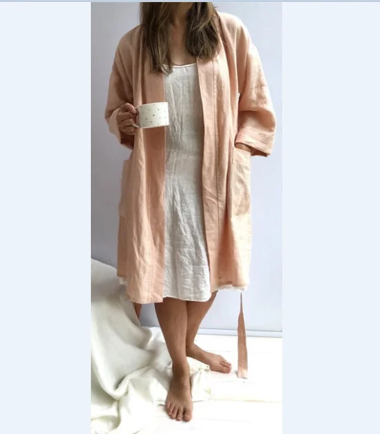 
Women Clothing Natural Linen Soften washed robe soft kimono robe bath robe linen night gown 