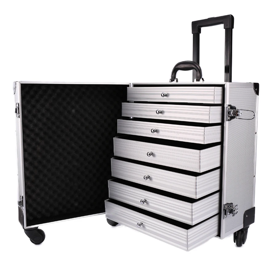 aluminum trolley case for salesman with drawers aluminum jewelry cae with trolley