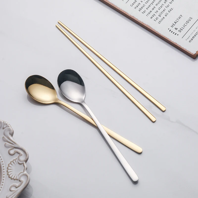 Korean Custom Food Sushi Barbecue Restaurant Tableware Stainless Steel Spoon Chopsticks Set Flatware Sets Metal All-season