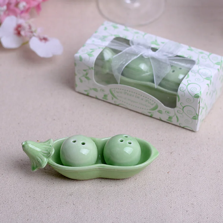 Wedding Gift Two Peas in a Pod Ceramic Salt & Pepper Shakers in Ivy Print Gift Box