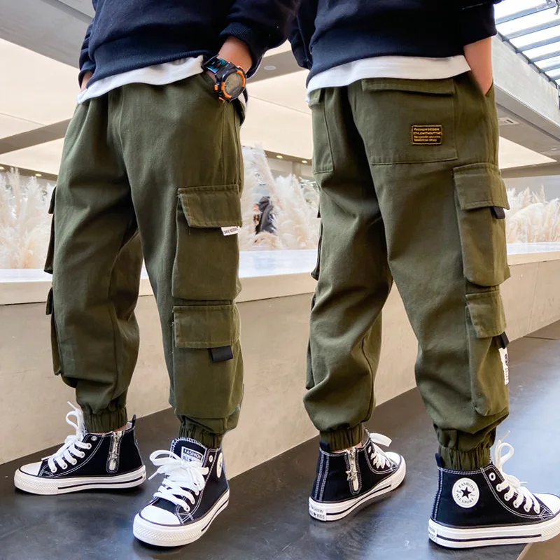 2022 Fall Winter Fashion Teenager Boy Army Green Cargo Trousers Stylish Black Pocket Pants 5-15 Years
