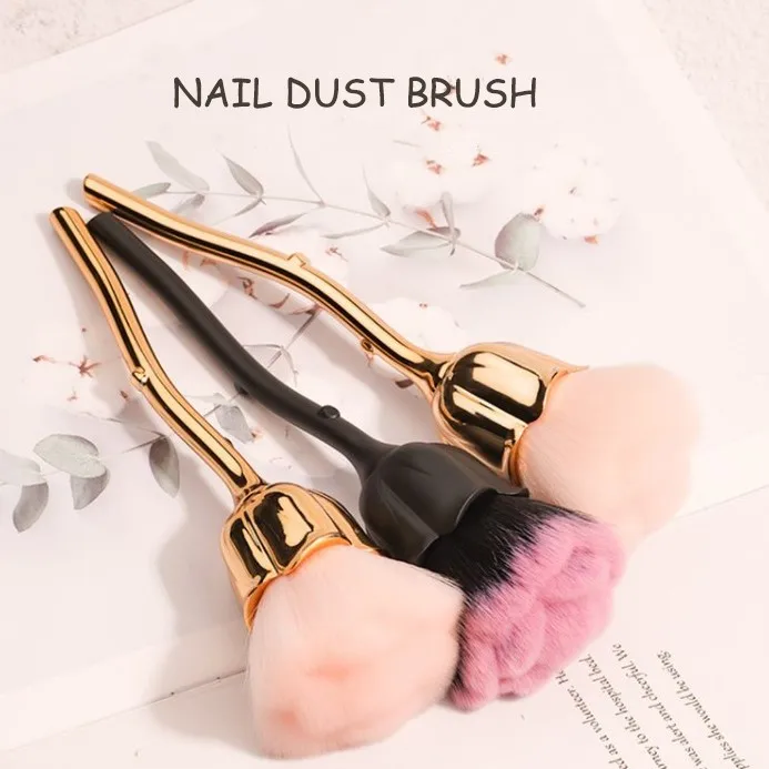 Aokitec Rose Flower Shape Long Handle Makeup Cleaner Manicure Tool Nail Dust Brushes