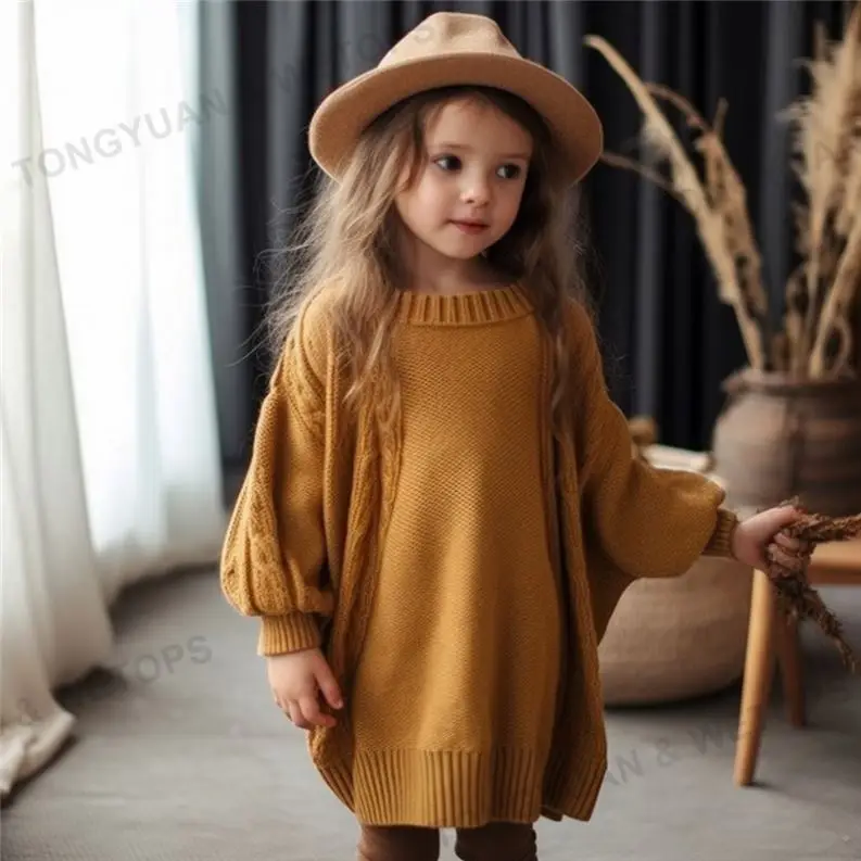 Custom Clothing Manufacturers Autumn Winter Crewneck solid Toddler Girls Oversized Knitted Sweater Dress