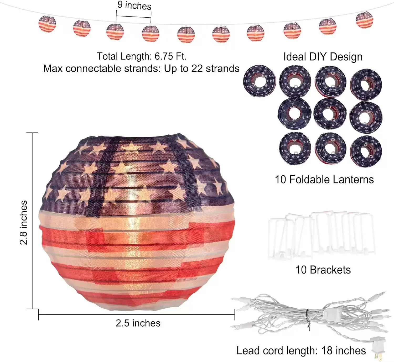 10 Count Patriotic lanterns American Flag Lantern Lights  Nylon Mini Hanging String Lights for Independence Day