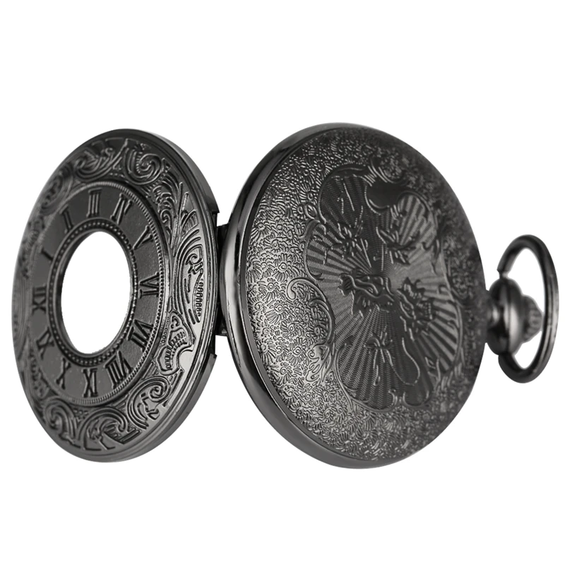 PK1  Black Roman Numerals Quartz Pocket Watch Men Women Black Hollow Case Steampunk Vintage Pendant Necklace  Watch