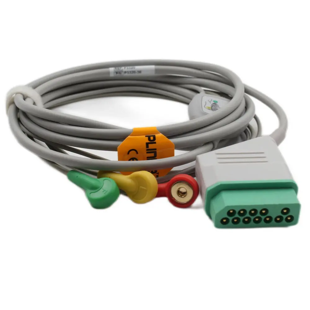 Plinma Hot selling Medical ECG Cable Compatible for Nihon kohden one-piece 3 leads ECG Cable with leadwires Snap 12pin EKG-Kabel