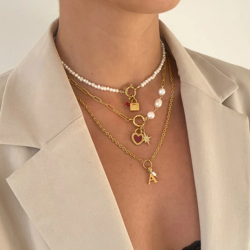 Custom Women Accessories CZ Diamond Initial Letter Charm Necklace Personalized 18K Gold Jewelry Boot Freshwater Pearl Necklace