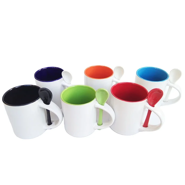 Wholesale 11oz Sublimation Blank Inner Color White Coffee Mug With Spoon