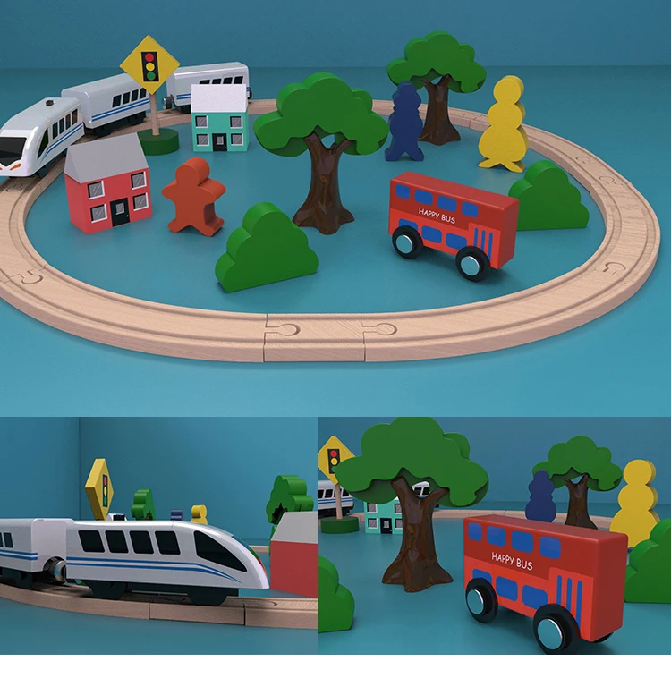  High quality wooden train track assembly set toy wood shed model with DIY