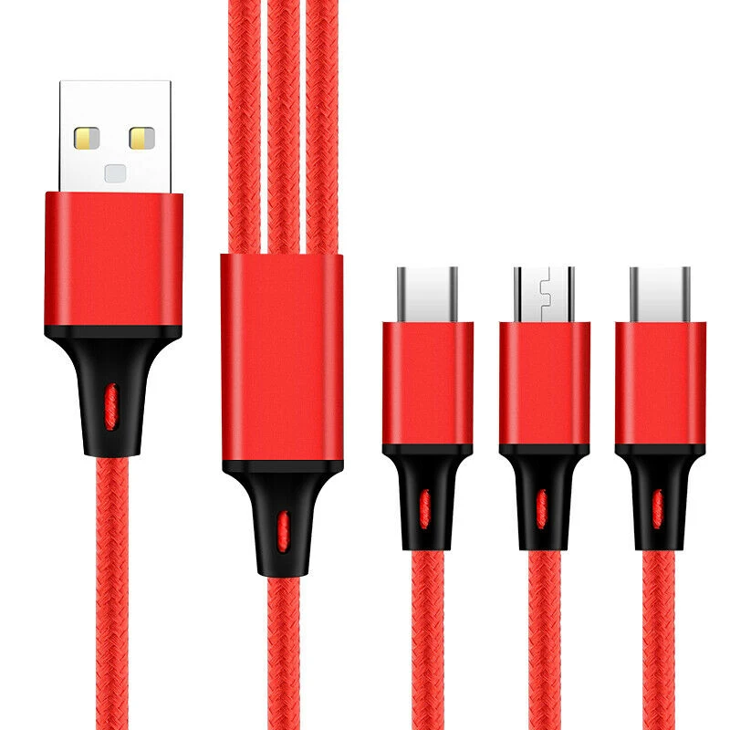  Бесплатный образец нейлоновый зарядный провод 2.4A мобильный Micro USB кабель 3 в 1 для iphone