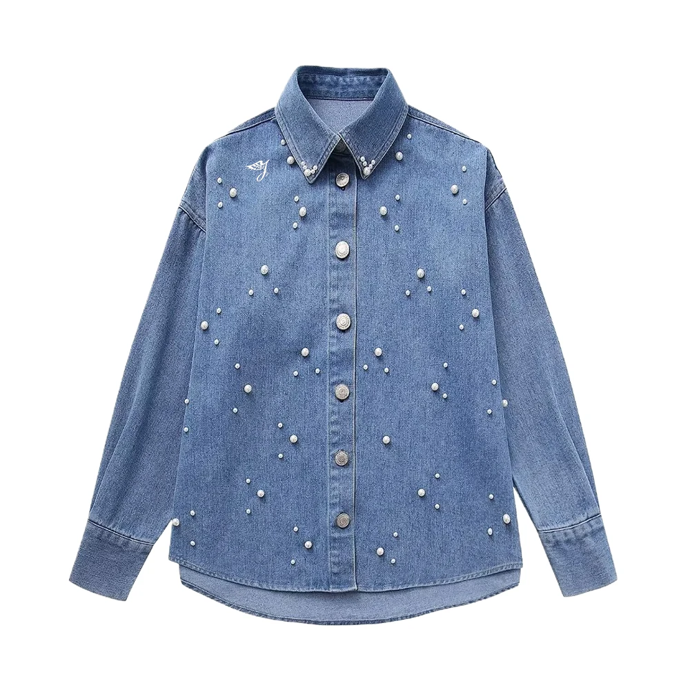 SMO blue pearl shirt rhinestone shirts women denim jean shirt For Ladies