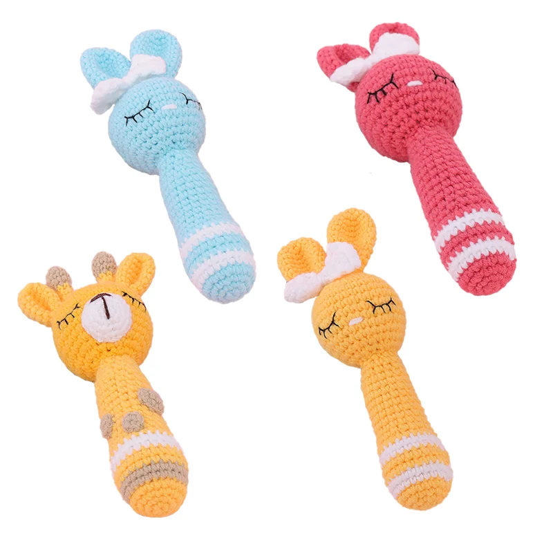 Baby Toys Custom Crochet Rattle Hand Knitted Rabbit Deer Cartoon Animals Crochet Toys Crocheted Baby Rattle Soothing Toy