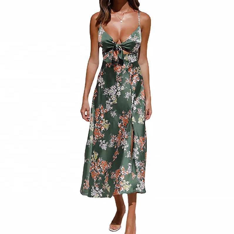 Модель 2022 года, модное вечернее элегантное платье-макси для девушек с глубоким V-образным вырезом, цветочным принтом, атласным разрезом, Летняя Вечеринка