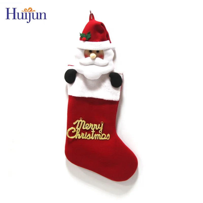 China Manufacture Set of 4 3D Fleece Santa Snowman Elk Penguin Christmas Stockings For Christmas Decoration