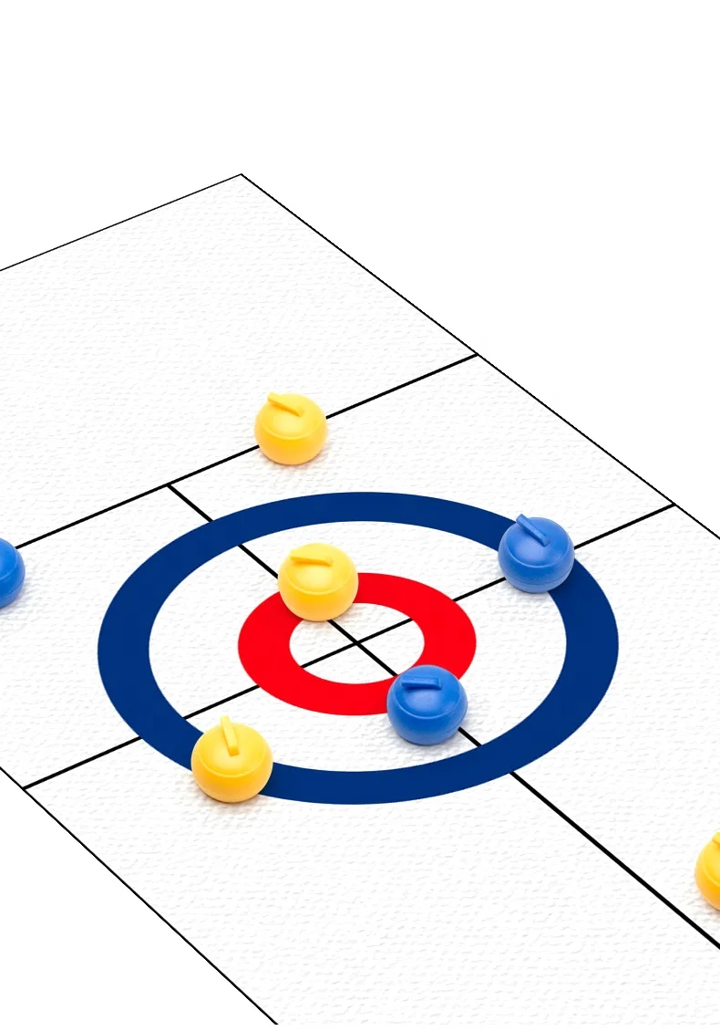 Adults and kids team bowing board game and table top curling game