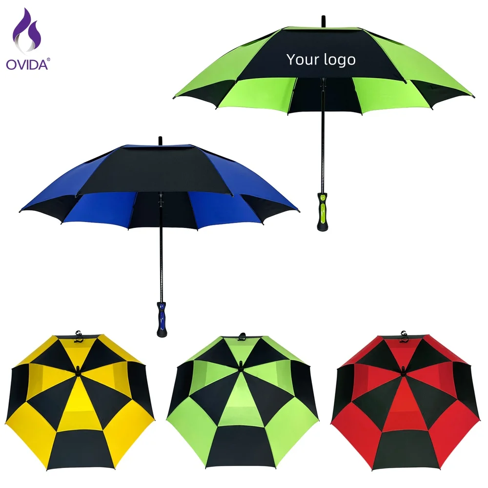 Ready to Ship Automatic Custom Golf Umbrella Windproof Fiberglass Promotional Logo Prints Plastic Handle Straight Style Adults