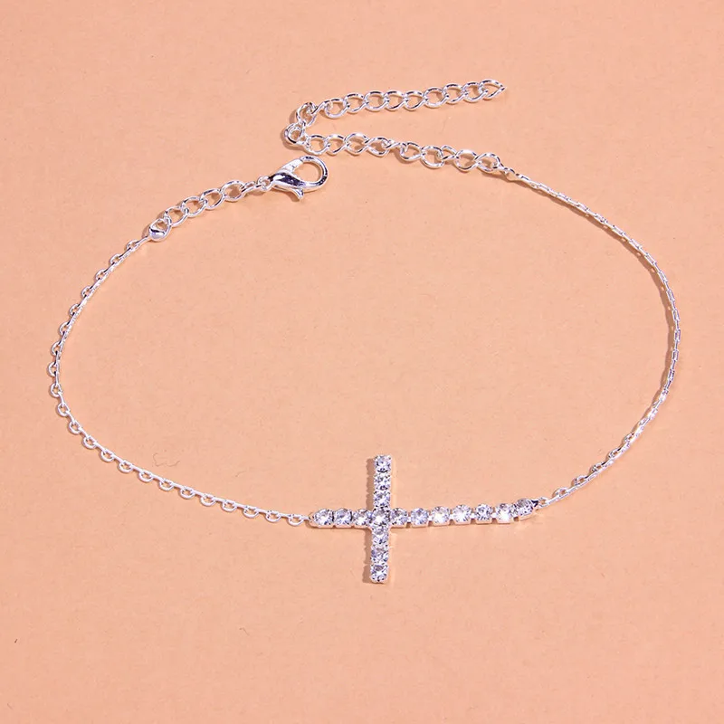 2022 Simple Single Row Blingbling Rhinestone Diamond Foot Chain Ankle Bracelet CZ Crystal Cross Anklet for women