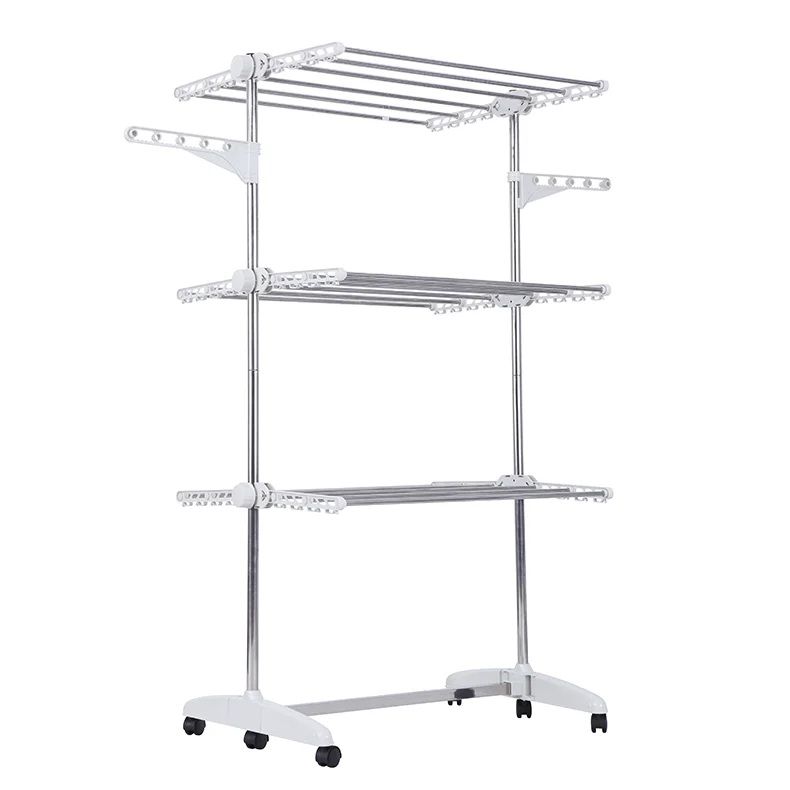 Luxury half foldable wings 3 tiers clothes drying rack with wheels space saving