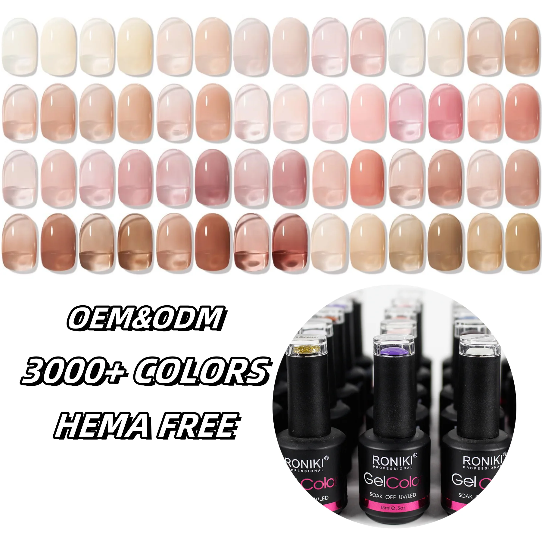 Roniki 15ml 3000 Colors Nail Gel Polish Factory Clear Jelly Pink Gel Nail Polish with Glossy & Matte Varnishes