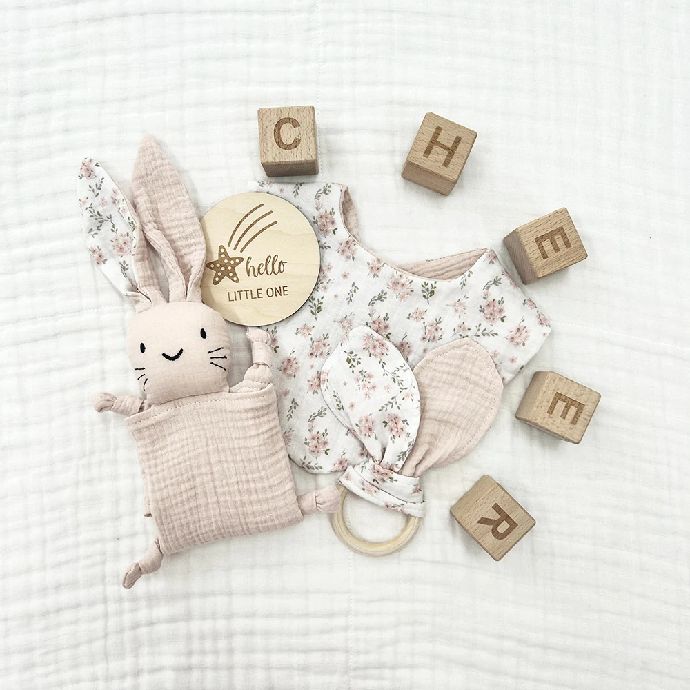 CHEER Soft Muslin Organic Cotton Baby Stuffed Animal Bunny Security Comforter Toy Blanket Set For Babies Gift Set