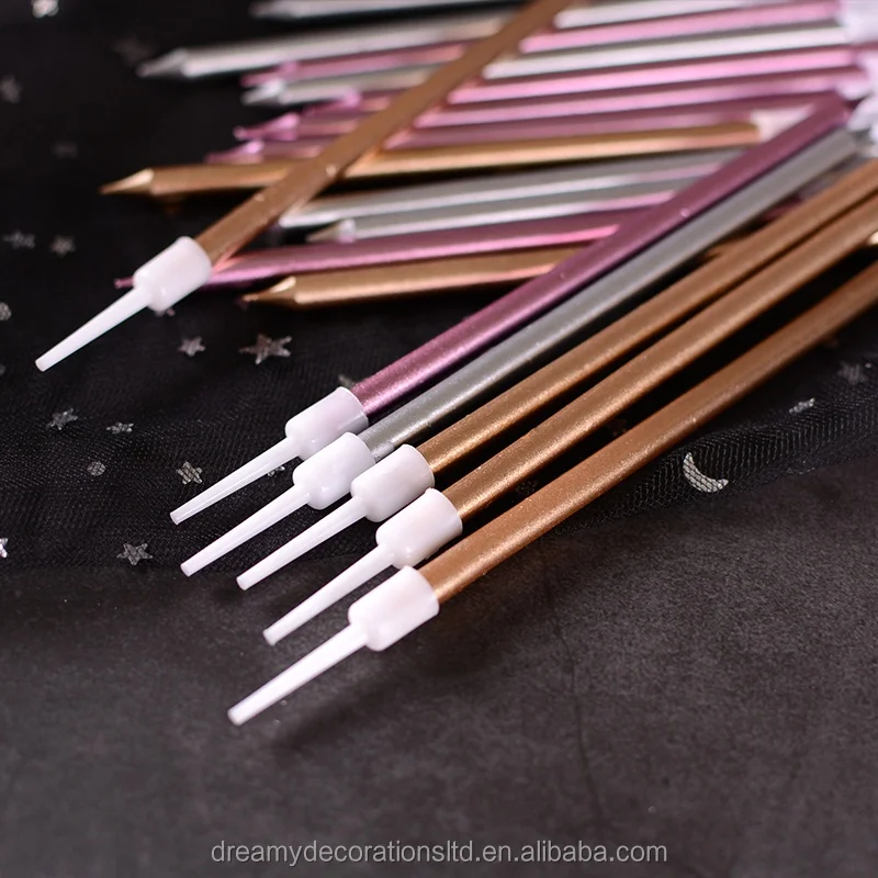 6PCS Stylish Long Thin Cake Metallic Birthday Candles in Holders for Birthday Cakes