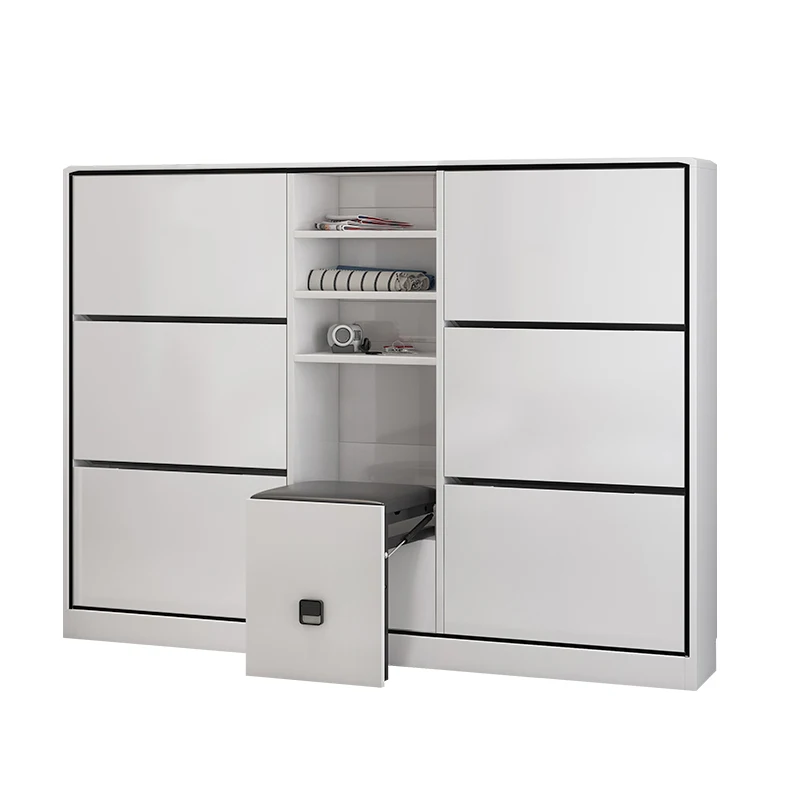 Modern simple black and white 6 door wooden storage cabinet with stool shoe rack