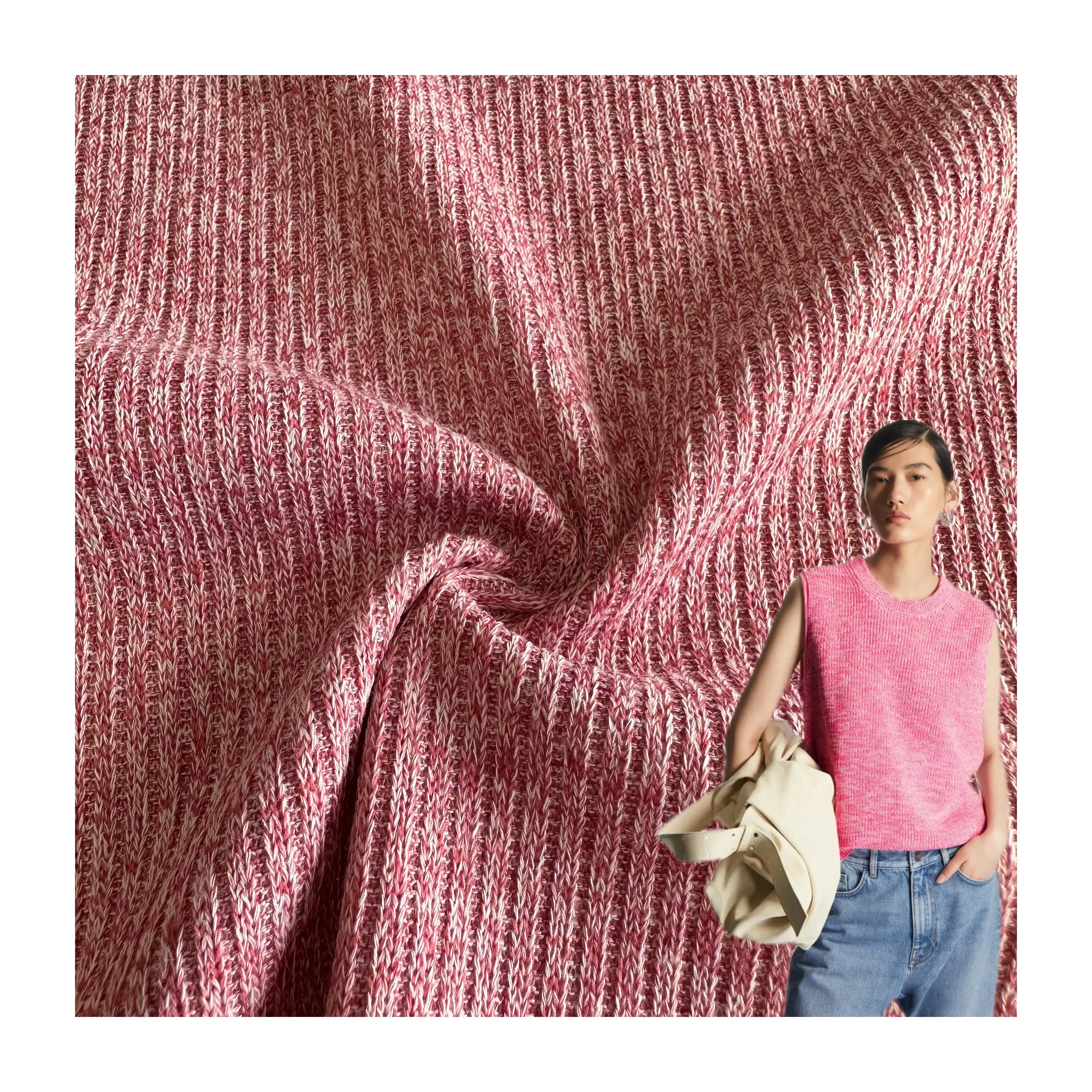 Chinese Wholesale Fancy Polyester Rayon Viscose Spandex Melange Brushed Rib Hacci Knitted Fabric for Sweater