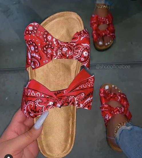 Wholesale Casual Summer Flat Shoes Bow-Knot Silk Slides Slippers Outdoor Beach Ladies Slipper Sandal Women