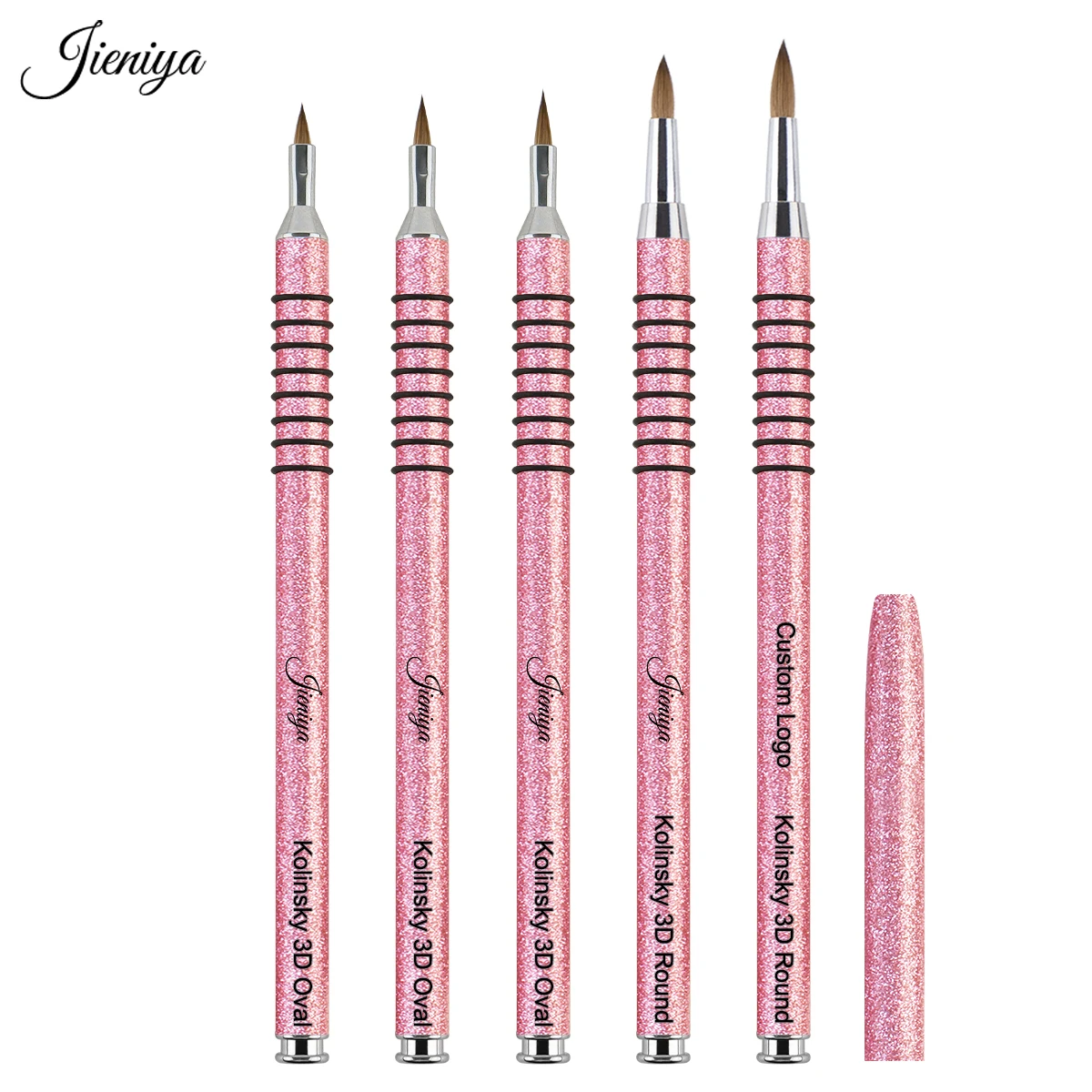 JIENIYA wholesale different size 100% kolinsky nail brush for manicure powder pink glitter non-slip Handle Sable hair 3D brush