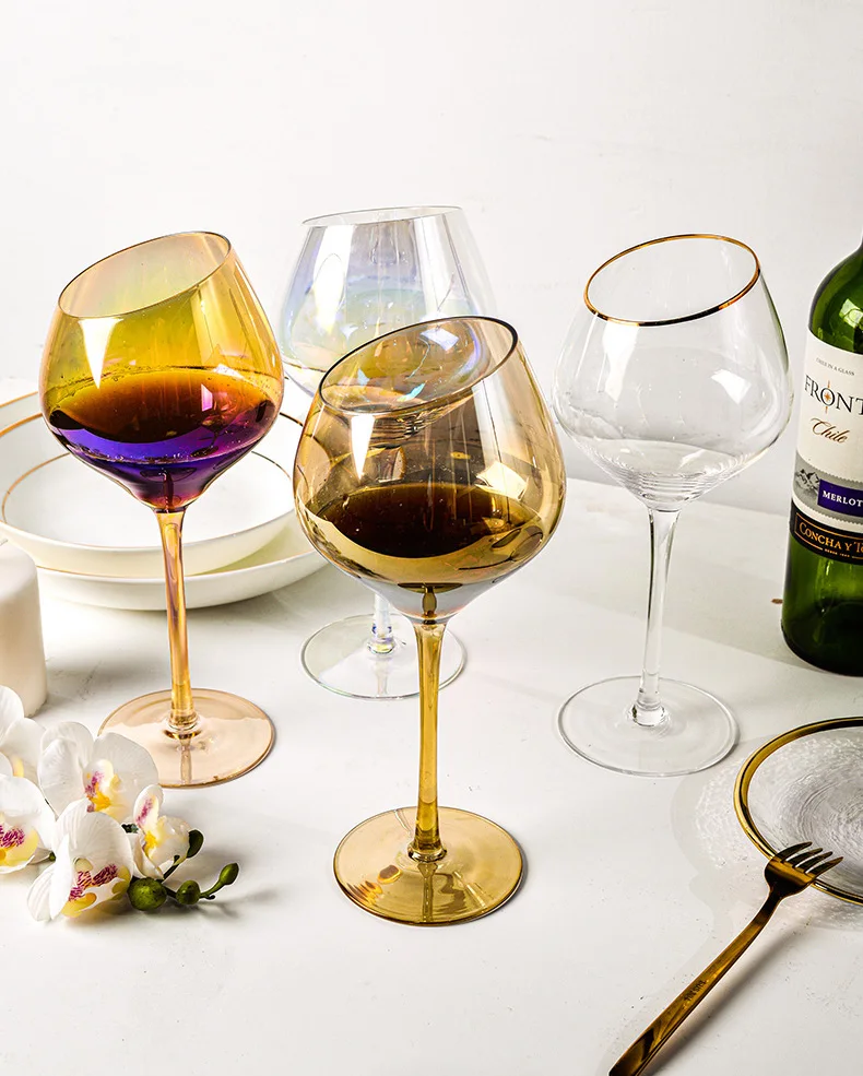 Hand-Blown Big Mouth Color Crystal Long Stem Slanted Wine Glass Wine Glass with Bevel  for Bordeaux  Wedding Gift Anniversary