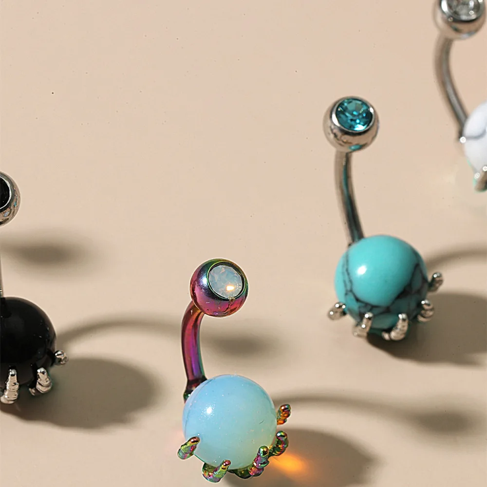 Double Jeweled Belly Button Bars Internally Threaded Opal Surgical Steel  Navel Piercing Ring