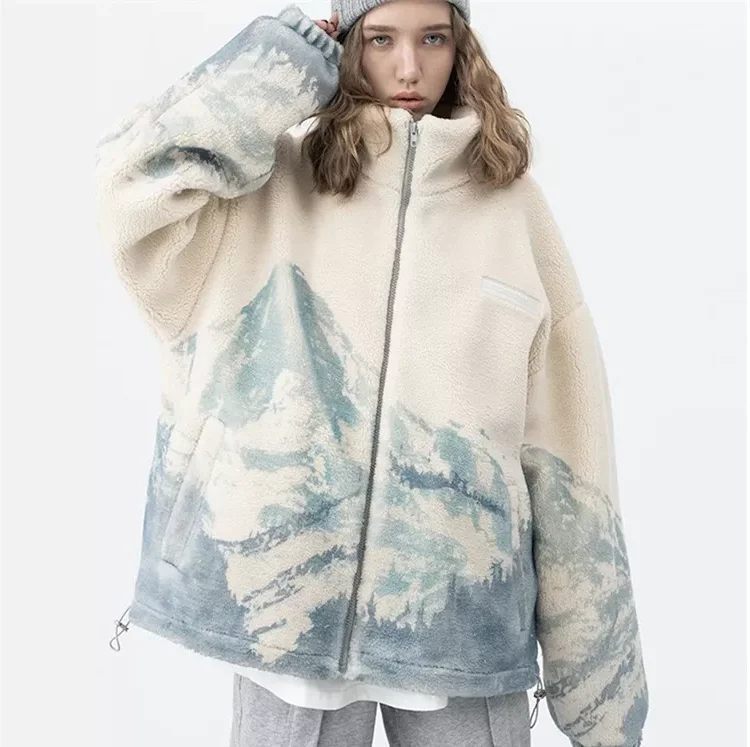 OEM custom winter 100%wool all over printed oversized sherpa fluffy fleece jacket for men