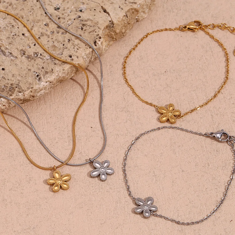 New Trendy Fashion Flower Bracelets And Necklaces Set Stainless Steel Gold Plated For Women Jewelry