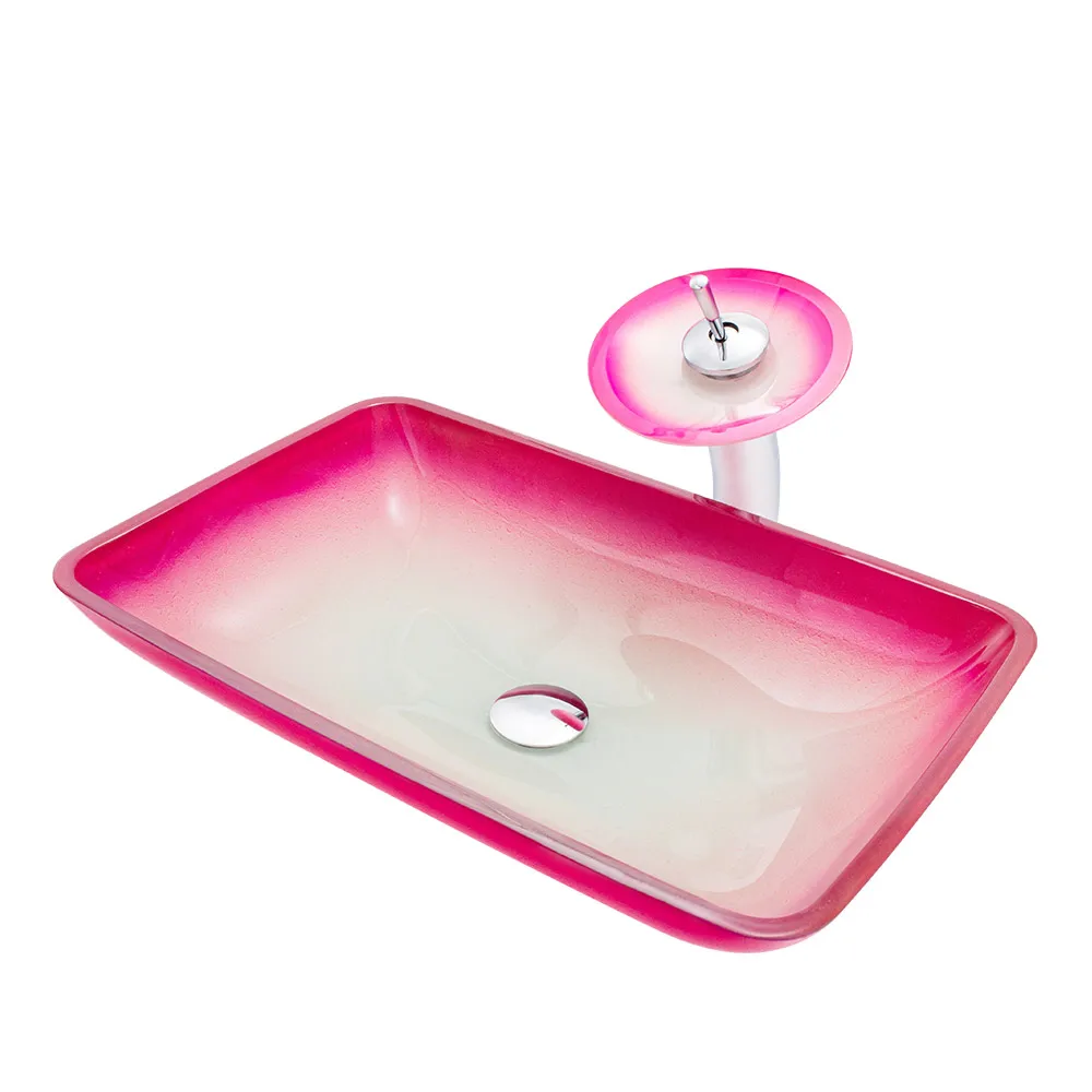 China manufacturer wholesale romantic pink rectangular tempered glass bathroom wash basin vessel sink with waterfall faucet