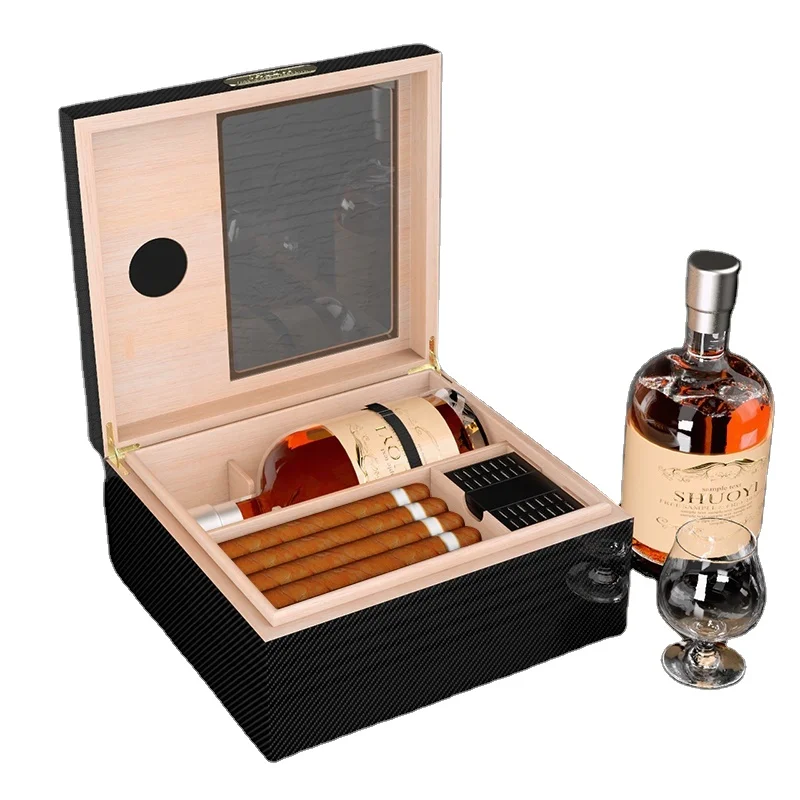 carbon fiber 20-25 spanish cedar wood black cabinet modern wine humidor trays Storage Wooden Case Cigar Case cigar box for gift