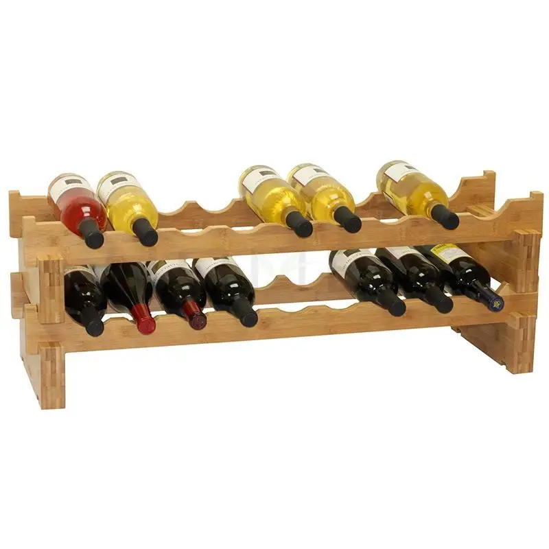 Natural Bamboo Wooden Countertop Stackable  Free Standing 18 Wine Bottles Storage Display Holder Rack Shelf
