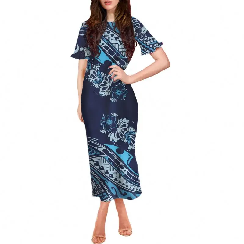 
Dinner Dresses Hawaii Polynesian Hibiscus Pattern Blue Womens Trendy Dresses Summer Casual Short Sleeve Midi Ruffle Sundress 