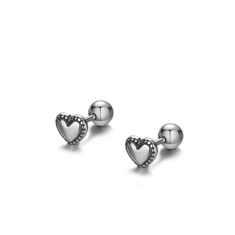Vintage Style 925 Sterling Silver Oxidized Black Plating Small Heart Shaped Earrings