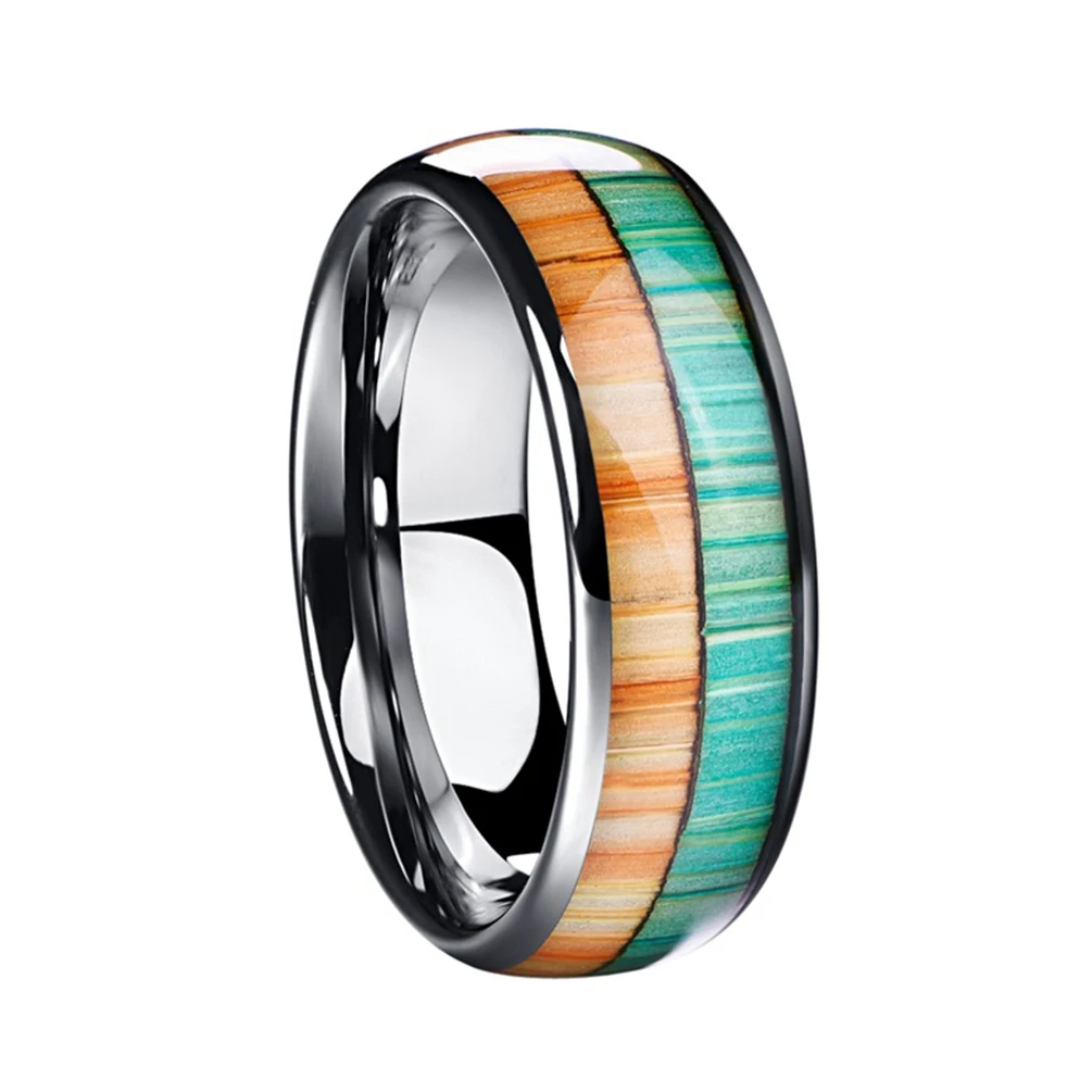 Alin Jewelry 6mm Shiny Gold Plated Tungsten Ring Hot Selling Koa Wood And Opal Inlay Tungsten Wedding Rings