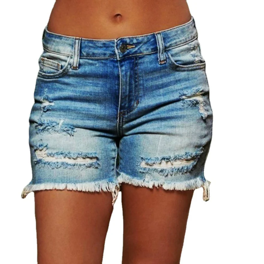 2022 Wholesale Women Sexy Ripped Denim Short Jeans Vintage Wash Distressed High Waist Summer Womens Casual Denim Shorts
