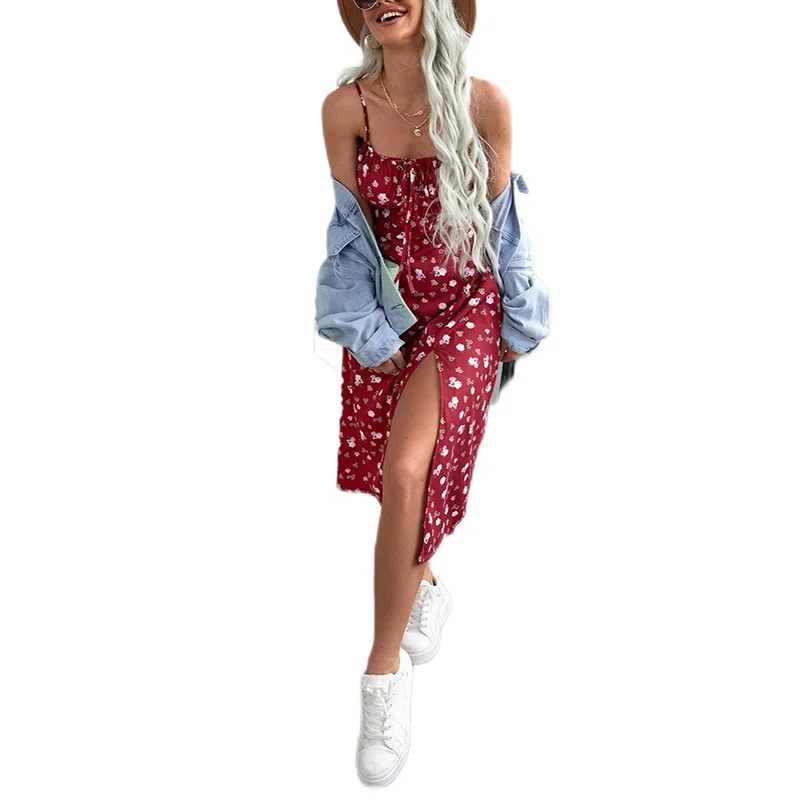Summer 2022 Allover floral printing dress Ruched Bust Slit Hem Cami Spaghetti Slip Smocked Dresses Women