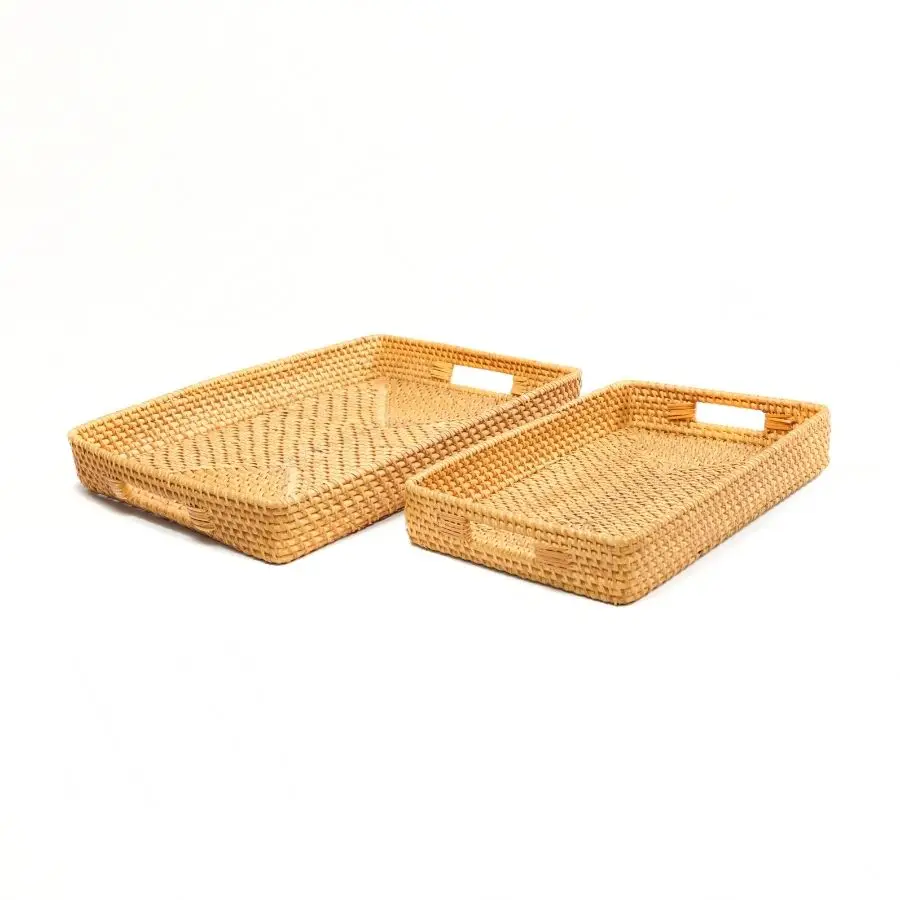 High quality rectangle rattan wicker serving tray wicker tray fruit bowl With 2 handles simple elegant modern design