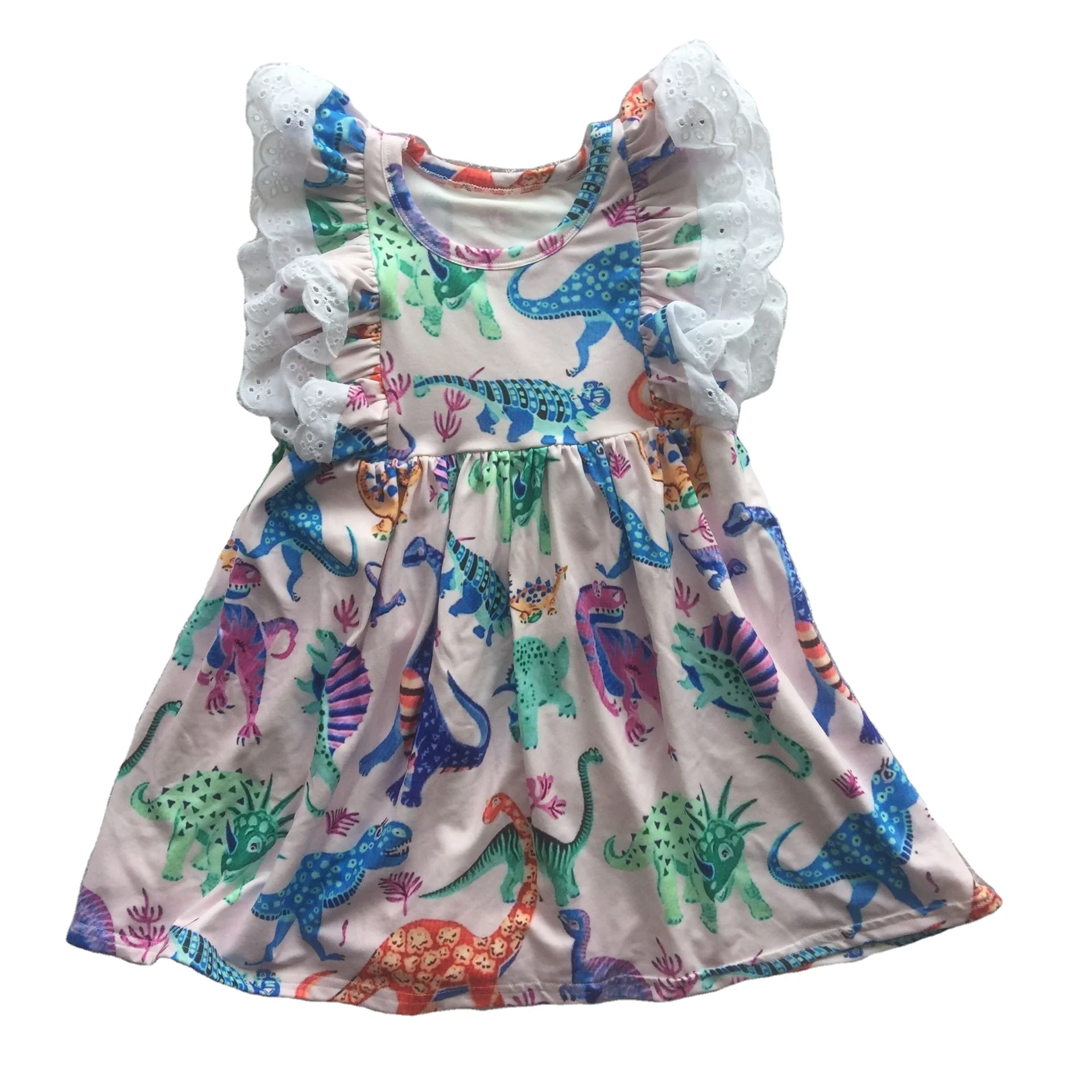  LZ2021 Fashion girls clothes dress lace flaresleeve dinosaur printing children baby girl summer