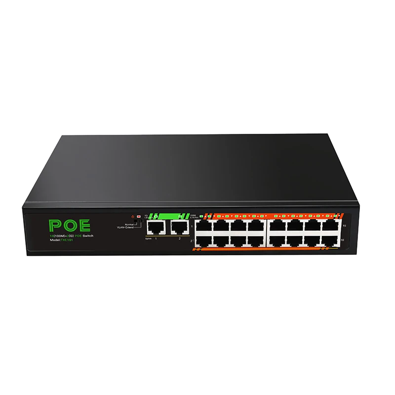 16-Ports 10/100Mbps + 2-Ports uplink 10/100/1000Mbps Unmanaged PoE Switch 16-ports POE  for IP camera build in power adapter