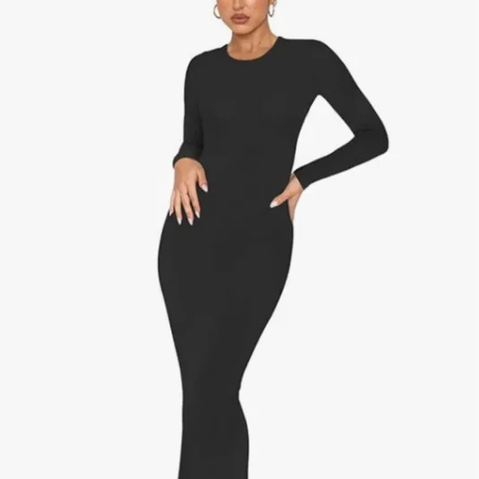 Women Simple Wedding Dress Solid Crew Neck Casual Elegant Dress Full Sleeve Tight Slim Fit Long Maxi Bodycon Dresses 2024