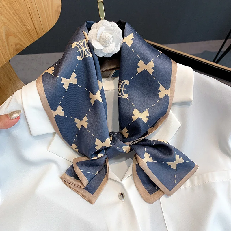 2024 New Korean Style Bow Pattern Twill Silk Scarf Long Plain Fashion Decorative Retro Collarbone Warm Scarf Headband for Women