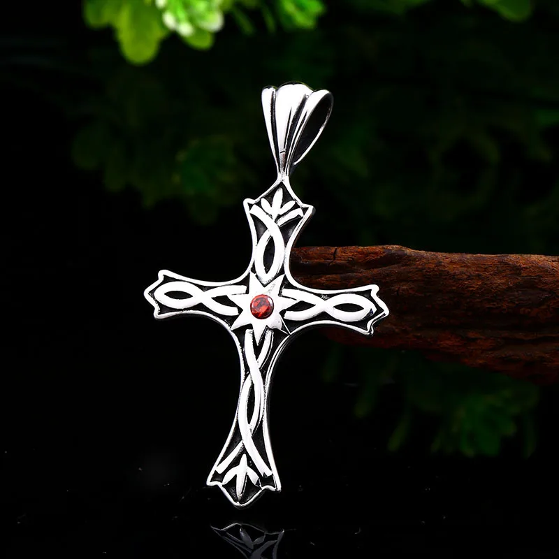 Stainless Steel Cross Inlaid Red Gemstone Pendant Vintage Viking Pattern Celtic Knot Men Necklace